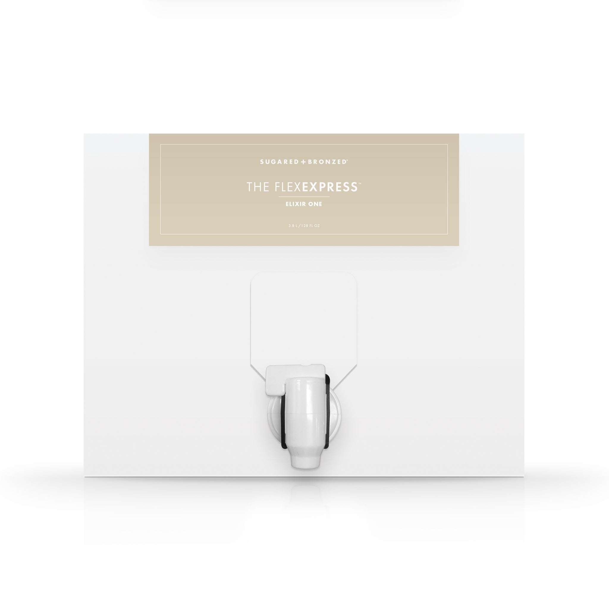 A white box with a dispenser faucet for Elixir One tanning solution