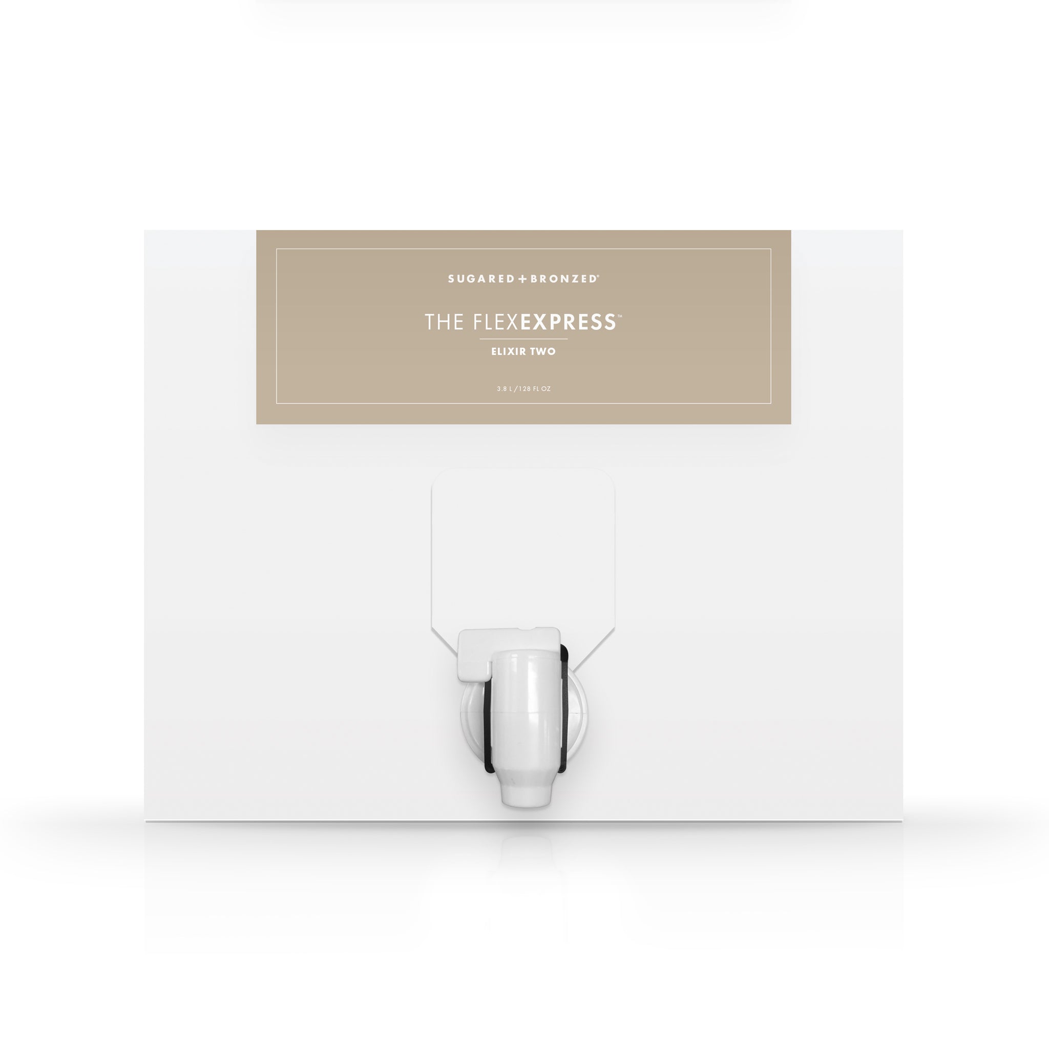 A white box with a dispenser faucet for Elixir Two tanning solution