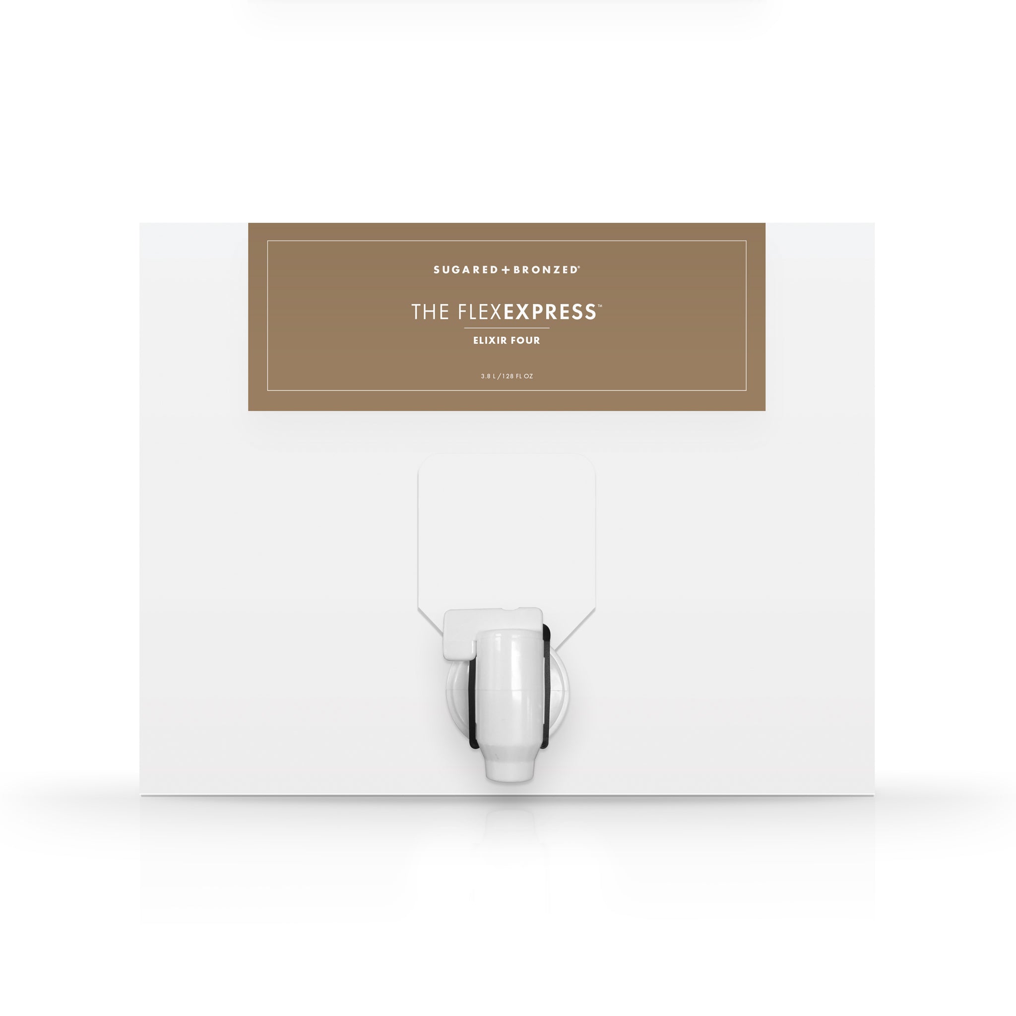 A white box with a dispenser faucet for Elixir Four tanning solution