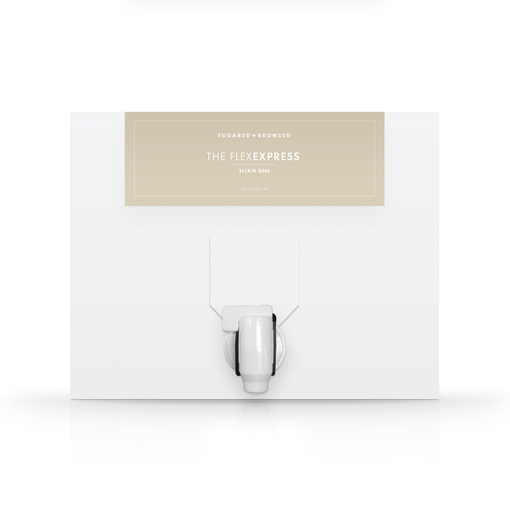 A white box with a dispenser faucet for Elixir One tanning solution